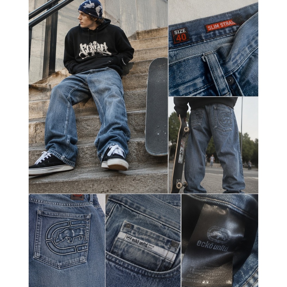 Ecko Unltd Slim Straight Jeans Mens 40 Blue Denim Y2K Hip Hop Skater Rhino Logo